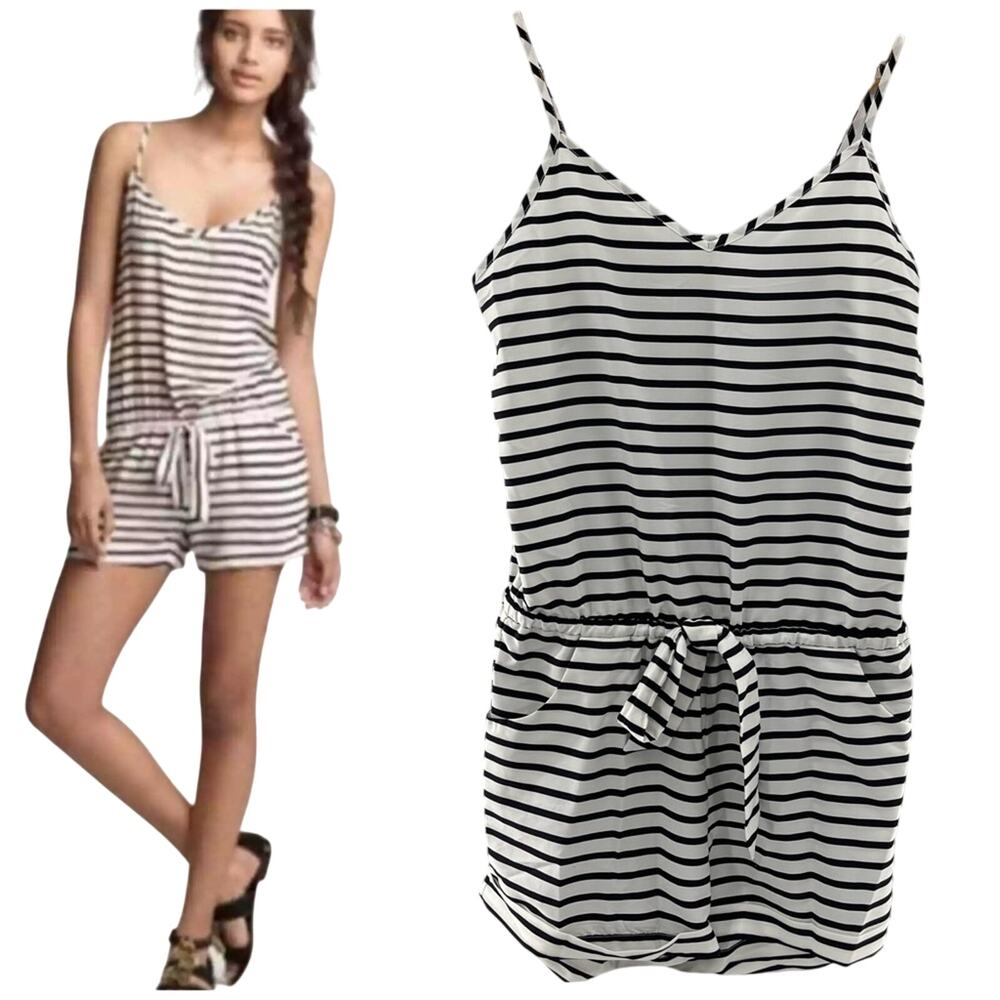 J. Crew Printed Black White Striped Drapey Loose Fit Lightweight Romper Size XS
